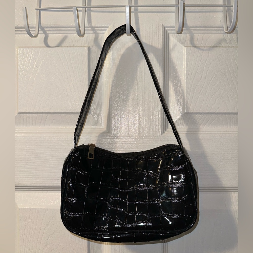 Black Croc Embossed Baguette Bag